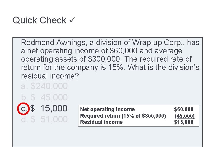 Quick Check Redmond Awnings, a division of Wrap-up Corp. , has a net operating