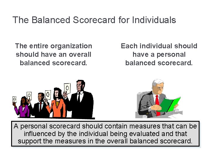 The Balanced Scorecard for Individuals The entire organization should have an overall balanced scorecard.