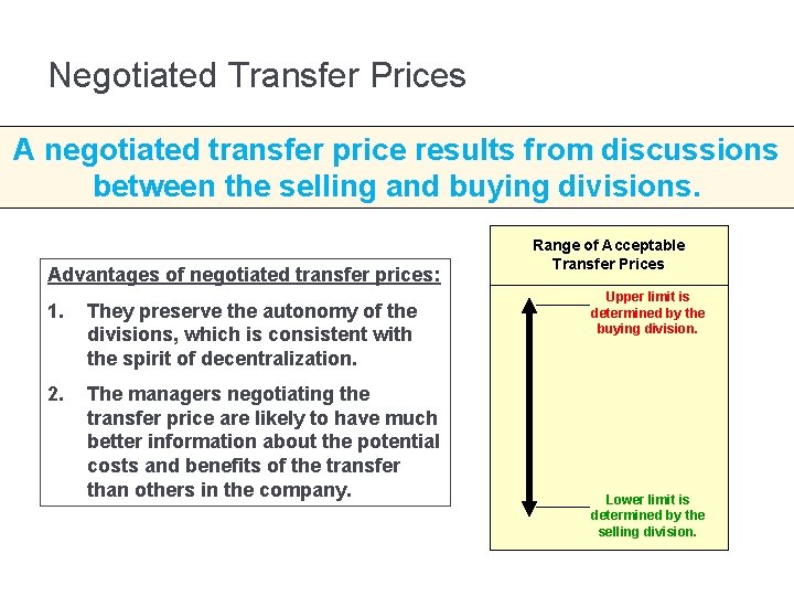 Negotiated Transfer Prices A negotiated transfer price results from discussions between the selling and