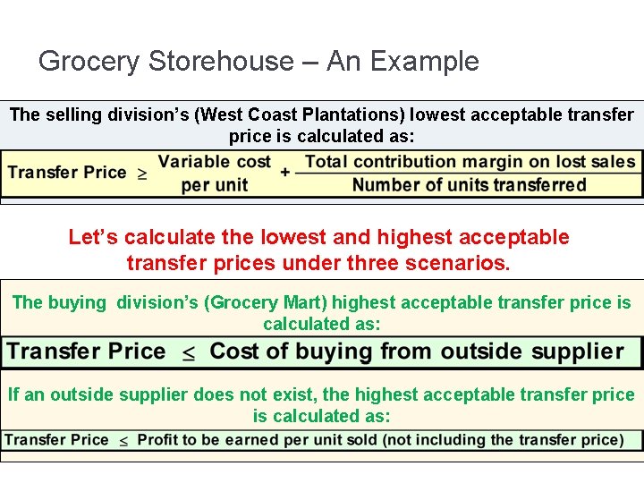 Grocery Storehouse – An Example The selling division’s (West Coast Plantations) lowest acceptable transfer