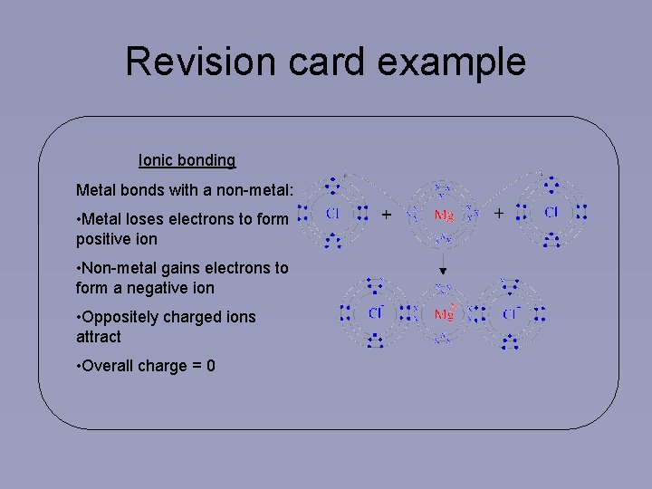 Revision card example Ionic bonding Metal bonds with a non-metal: • Metal loses electrons