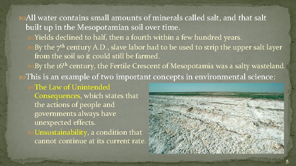  All water contains small amounts of minerals called salt, and that salt built