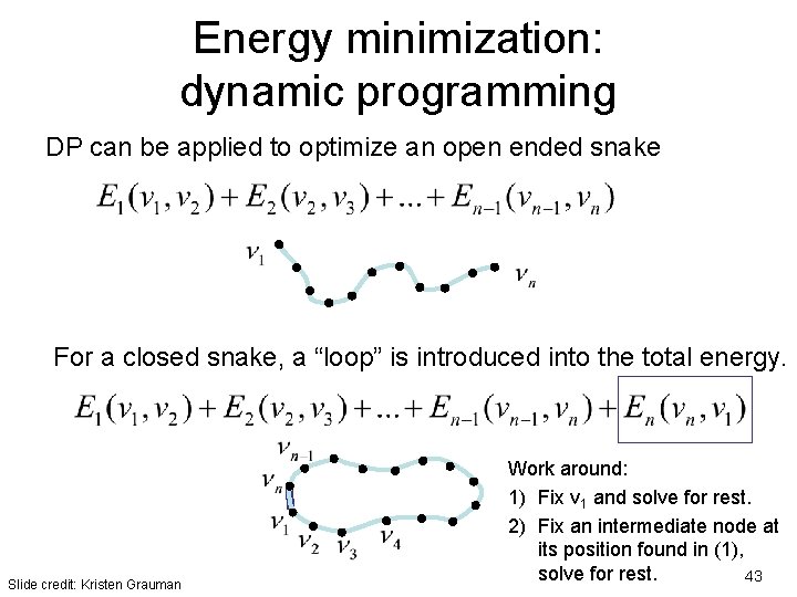 Energy minimization: dynamic programming DP can be applied to optimize an open ended snake