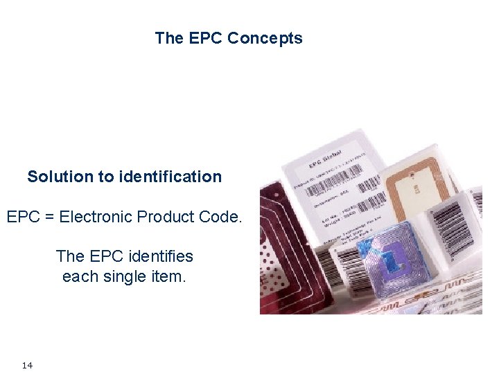 The EPC Concepts Solution to identification EPC = Electronic Product Code. The EPC identifies The EPC Concepts Solution to identification EPC = Electronic Product Code. The EPC identifies