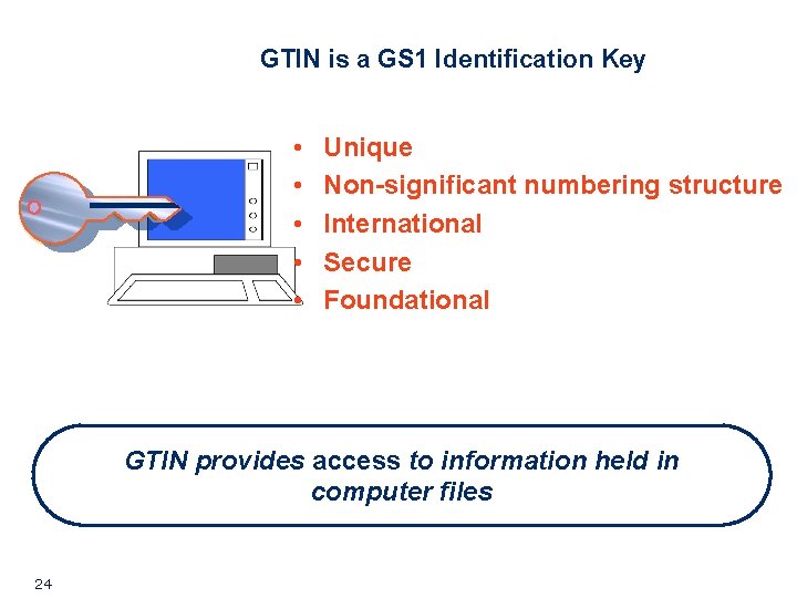 GTIN is a GS 1 Identification Key • • • Unique Non-significant numbering structure GTIN is a GS 1 Identification Key • • • Unique Non-significant numbering structure