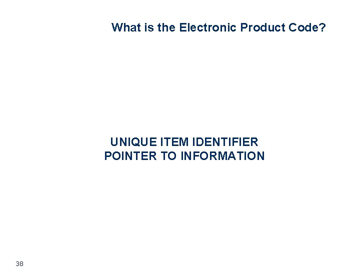 What is the Electronic Product Code? UNIQUE ITEM IDENTIFIER POINTER TO INFORMATION 38 What is the Electronic Product Code? UNIQUE ITEM IDENTIFIER POINTER TO INFORMATION 38