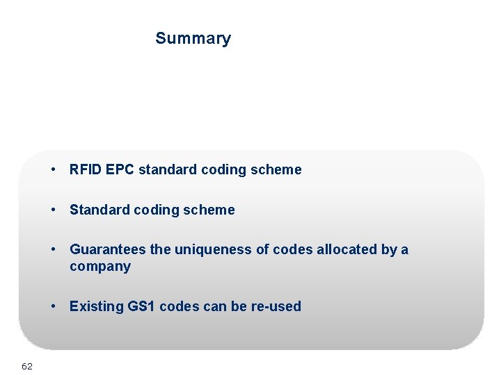 Summary • RFID EPC standard coding scheme • Standard coding scheme • Guarantees the Summary • RFID EPC standard coding scheme • Standard coding scheme • Guarantees the