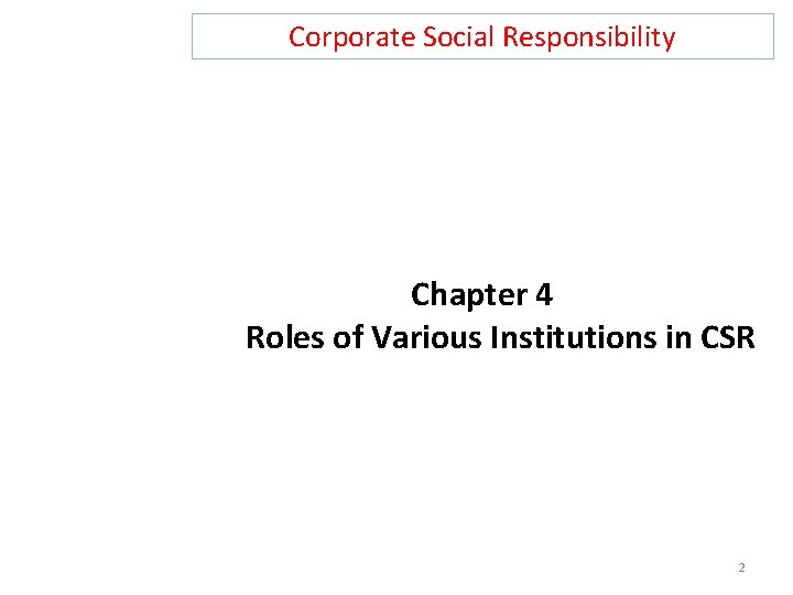 Corporate Social Responsibility Chapter 4 Roles of Various Institutions in CSR 2 