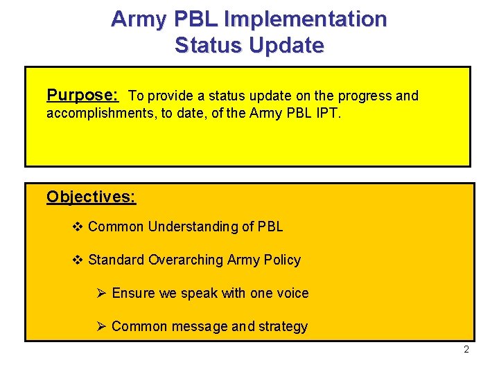 Army PBL Implementation Status Update Purpose: To provide a status update on the progress