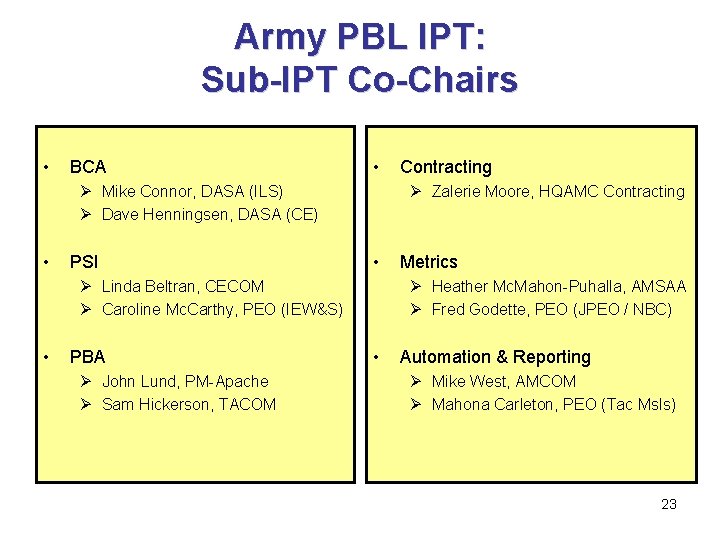 Army PBL IPT: Sub-IPT Co-Chairs • BCA • Ø Mike Connor, DASA (ILS) Ø