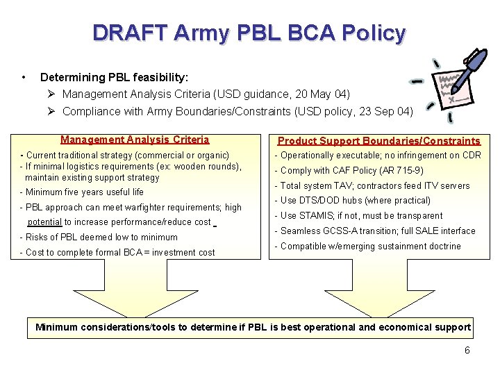 DRAFT Army PBL BCA Policy • Determining PBL feasibility: Ø Management Analysis Criteria (USD