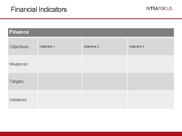 INTRAFOCUS Financial Indicators Finance Objectives Measures Targets Initiatives Objective 1 Objective 2 Objective 3