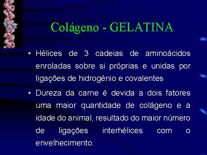 Colágeno - GELATINA • Hélices de 3 cadeias de aminoácidos enroladas sobre si próprias