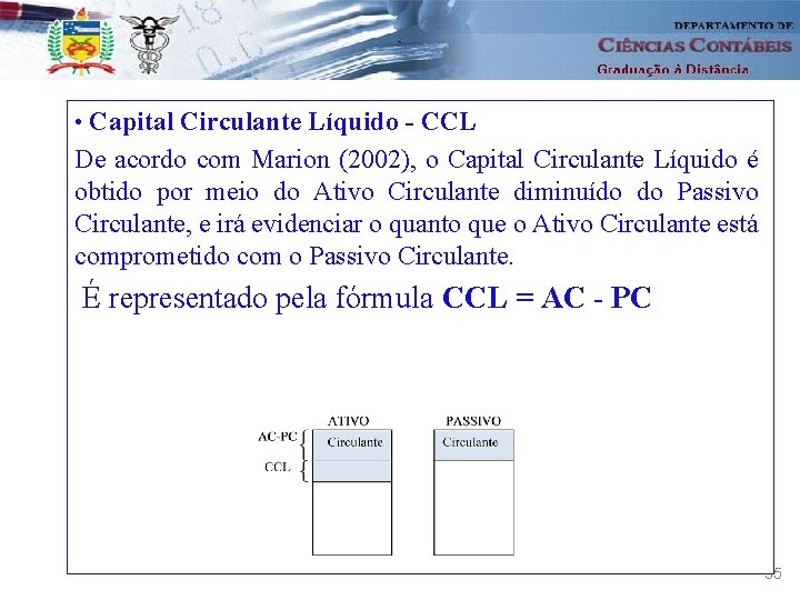 Capital Circulante Líquido - CCL De acordo com Marion (2002), o Capital Circulante Líquido