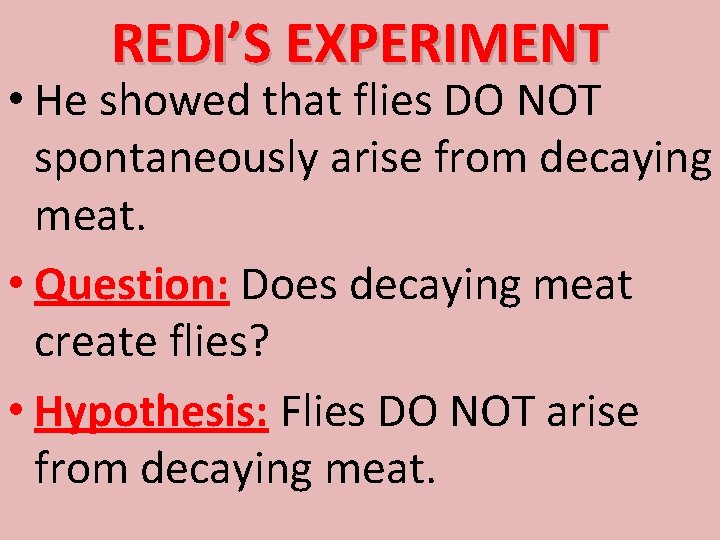 REDI’S EXPERIMENT • He showed that flies DO NOT spontaneously arise from decaying meat.