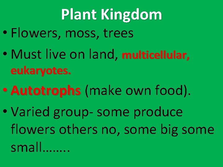 Plant Kingdom • Flowers, moss, trees • Must live on land, multicellular, eukaryotes. •