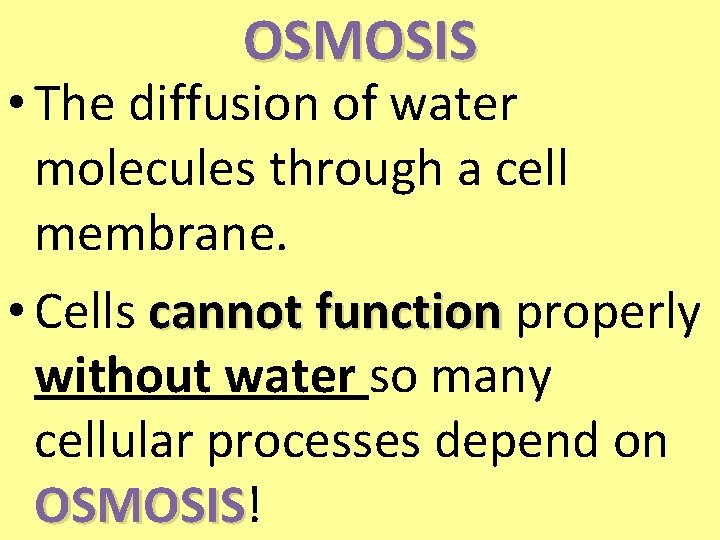 OSMOSIS • The diffusion of water molecules through a cell membrane. • Cells cannot