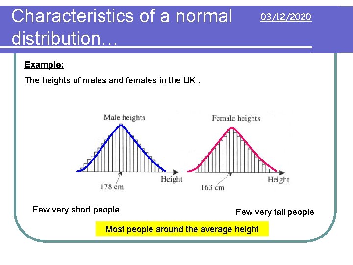 Characteristics of a normal distribution… 03/12/2020 Example: The heights of males and females in