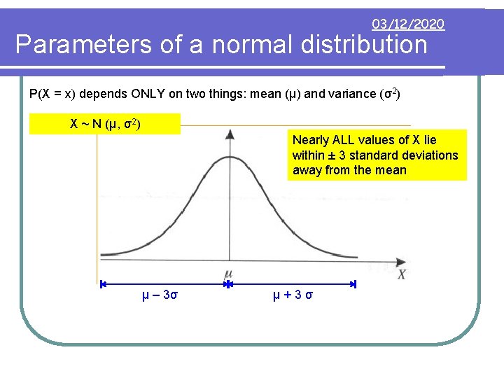 03/12/2020 Parameters of a normal distribution P(X = x) depends ONLY on two things: