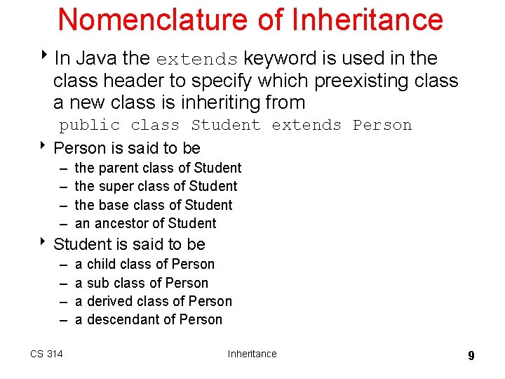 Nomenclature of Inheritance 8 In Java the extends keyword is used in the class Nomenclature of Inheritance 8 In Java the extends keyword is used in the class