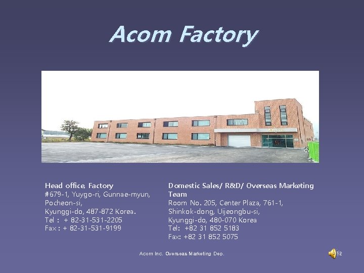 Acom Factory Head office, Factory #679 -1, Yuygo-ri, Gunnae-myun, Pocheon-si, Kyunggi-do, 487 -872 Korea.
