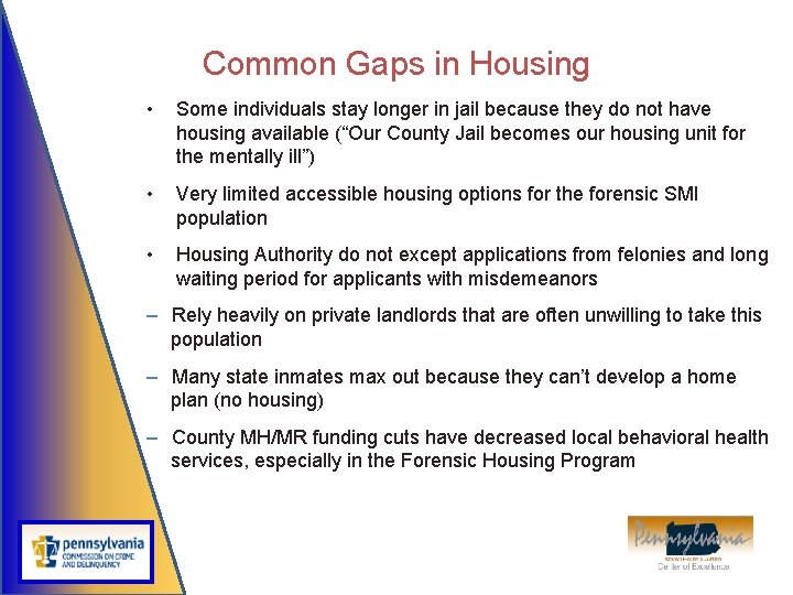 Common Gaps in Housing • Some individuals stay longer in jail because they do