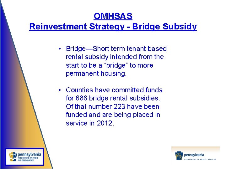 OMHSAS Reinvestment Strategy - Bridge Subsidy • Bridge—Short term tenant based rental subsidy intended