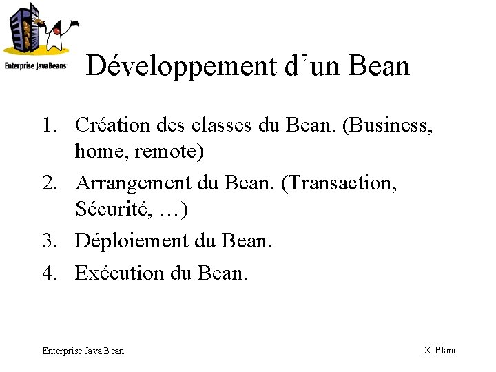 Développement d’un Bean 1. Création des classes du Bean. (Business, home, remote) 2. Arrangement