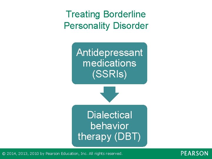 Treating Borderline Personality Disorder Antidepressant medications (SSRIs) Dialectical behavior therapy (DBT) © 2014, 2013,
