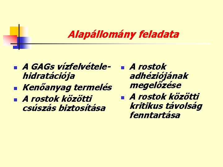 Alapállomány feladata n n n A GAGs vízfelvételehidratációja Kenőanyag termelés A rostok közötti csúszás