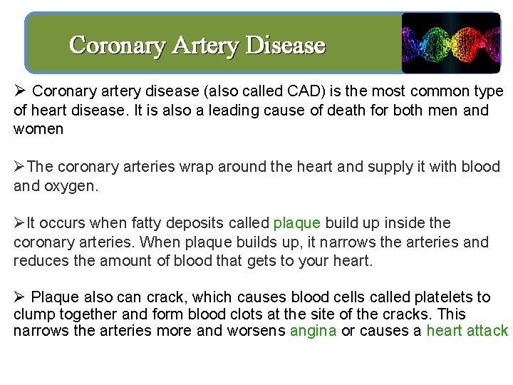 Coronary Artery Disease Ø Coronary artery disease (also called CAD) is the most common