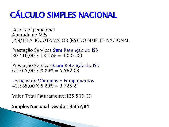 CÁLCULO SIMPLES NACIONAL Receita Operacional Apurada no Mês JAN/18 ALÍQUOTA VALOR (R$) DO SIMPLES