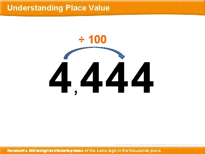 Understanding Place Value ÷ 100 4 444 , Here Its value is the is