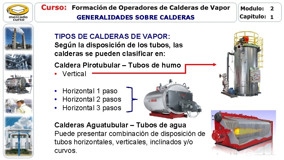 2 GENERALIDADES SOBRE CALDERAS TIPOS DE CALDERAS DE VAPOR: Según la disposición de los