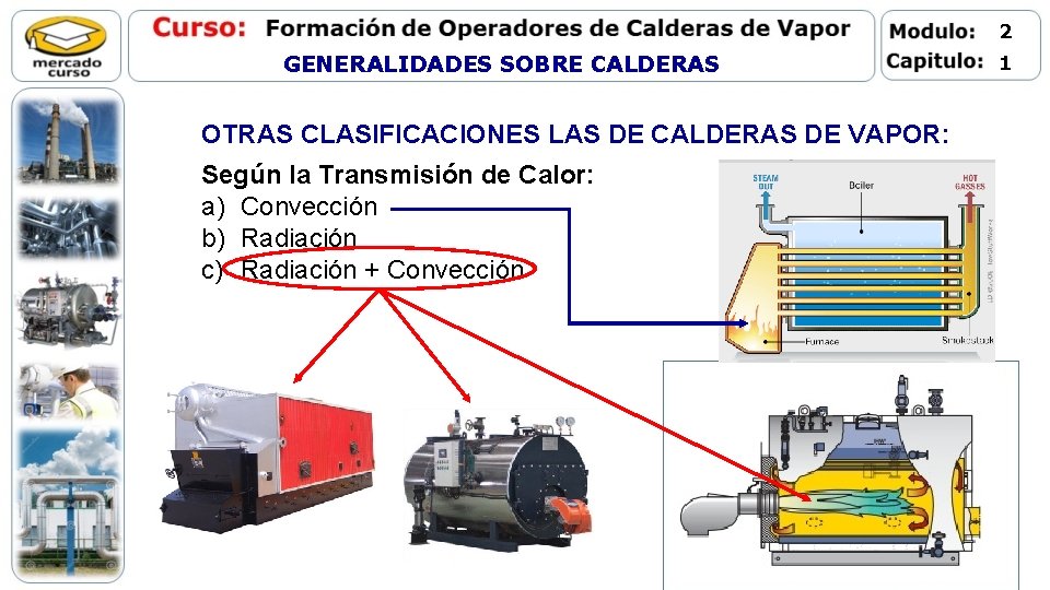 2 GENERALIDADES SOBRE CALDERAS OTRAS CLASIFICACIONES LAS DE CALDERAS DE VAPOR: Según la Transmisión