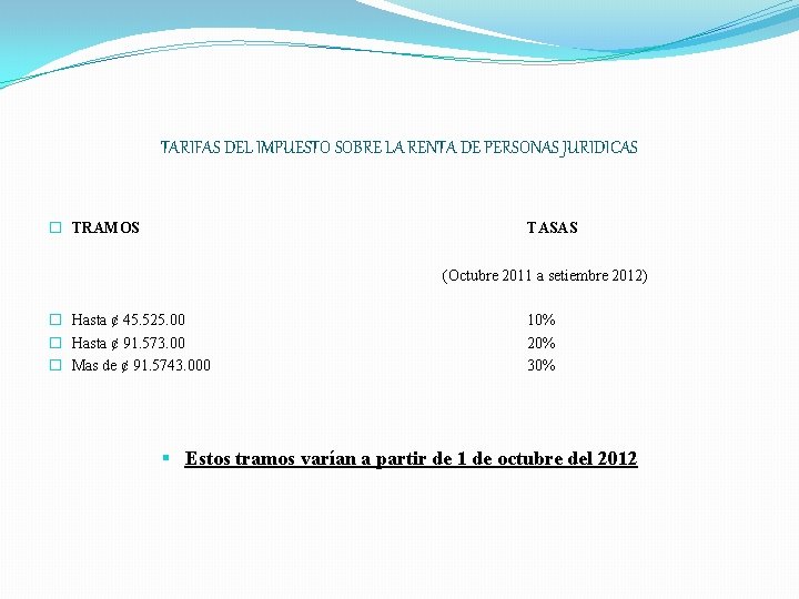 TARIFAS DEL IMPUESTO SOBRE LA RENTA DE PERSONAS JURIDICAS � TRAMOS TASAS (Octubre 2011