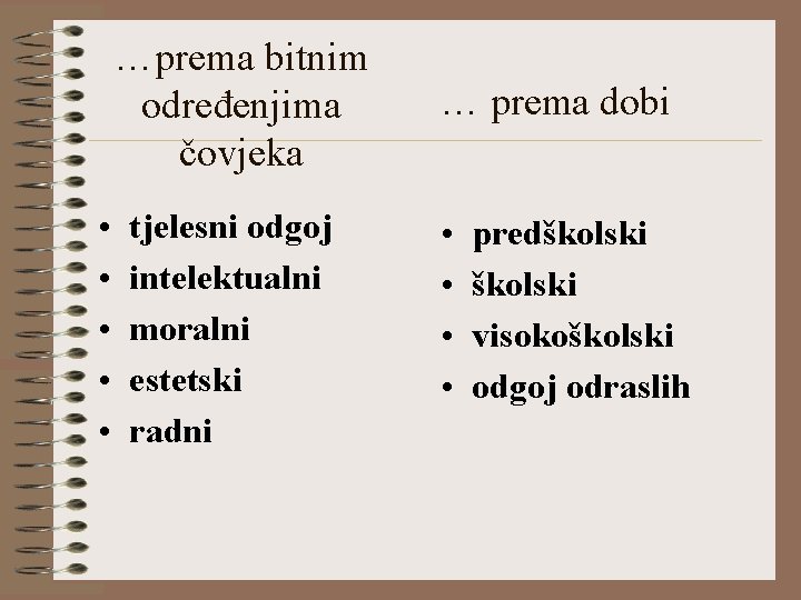 …prema bitnim određenjima čovjeka • • • tjelesni odgoj intelektualni moralni estetski radni …