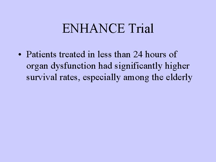 ENHANCE Trial • Patients treated in less than 24 hours of organ dysfunction had