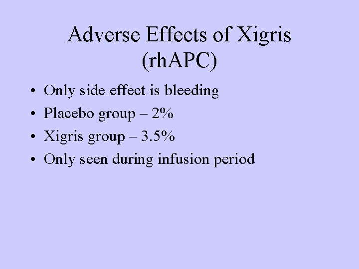 Adverse Effects of Xigris (rh. APC) • • Only side effect is bleeding Placebo