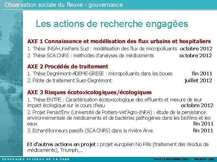 Observation sociale du fleuve - gouvernance Les actions de recherche engagées AXE 1 Connaissance