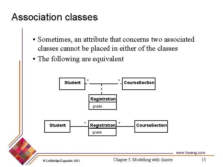 Association classes • Sometimes, an attribute that concerns two associated classes cannot be placed