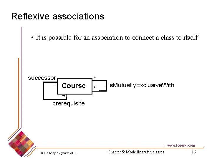 Reflexive associations • It is possible for an association to connect a class to