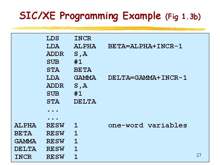 SIC/XE Programming Example ALPHA BETA GAMMA DELTA INCR LDS LDA ADDR SUB STA. .