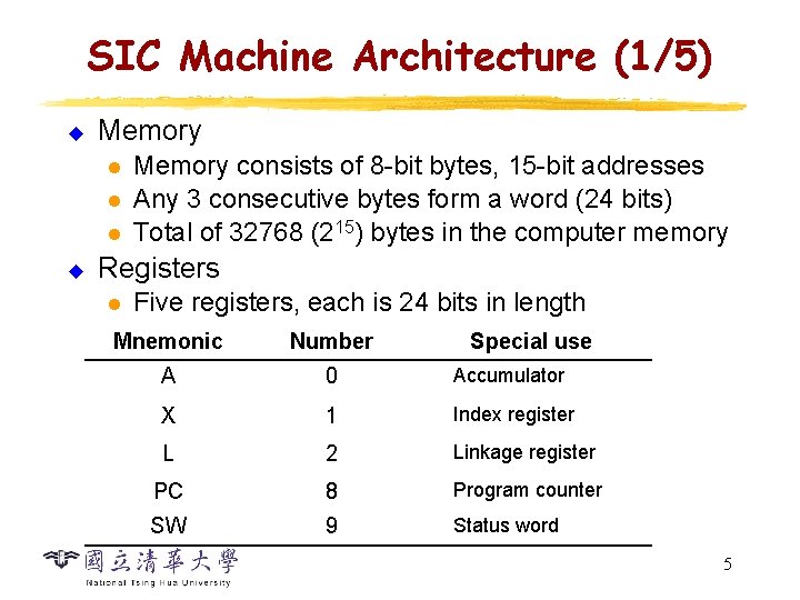 SIC Machine Architecture (1/5) u Memory l l l u Memory consists of 8