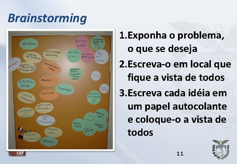 Brainstorming 1. Exponha o problema, o que se deseja 2. Escreva-o em local que