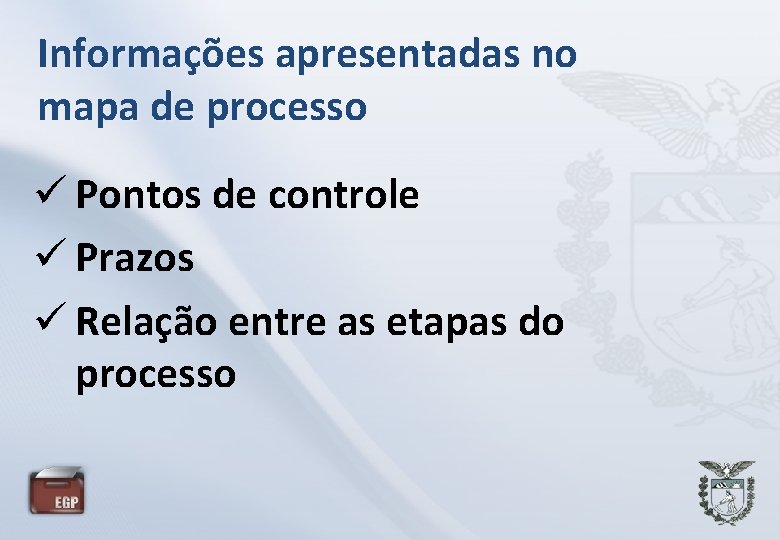 Informações apresentadas no mapa de processo Pontos de controle Prazos Relação entre as etapas