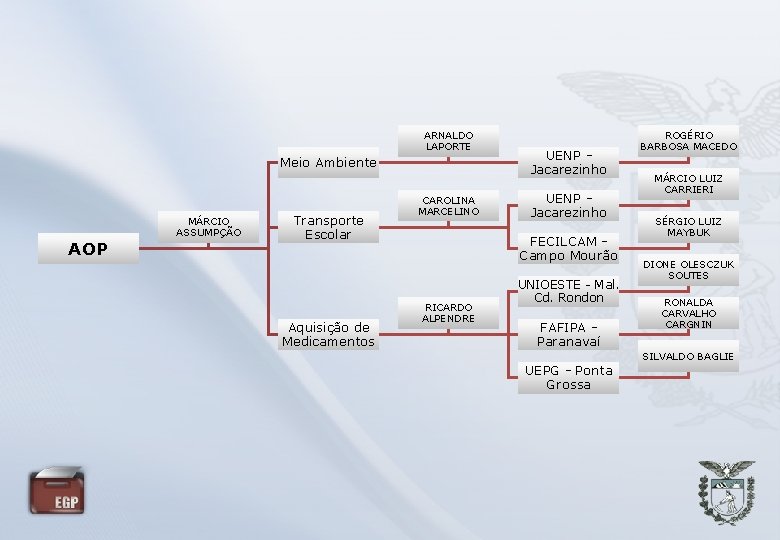 ARNALDO LAPORTE Meio Ambiente AOP MÁRCIO ASSUMPÇÃO Transporte Escolar Aquisição de Medicamentos CAROLINA MARCELINO