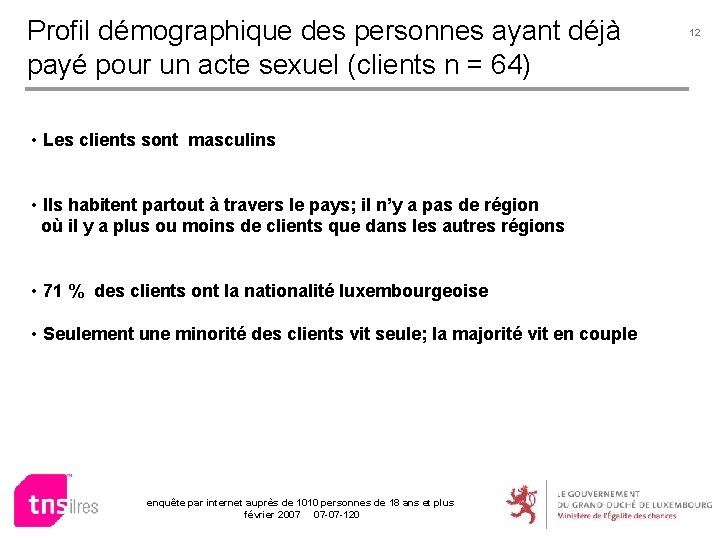 Profil démographique des personnes ayant déjà payé pour un acte sexuel (clients n =