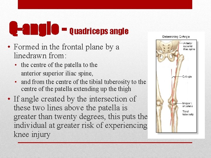Q-angle - Quadriceps angle • Formed in the frontal plane by a linedrawn from: