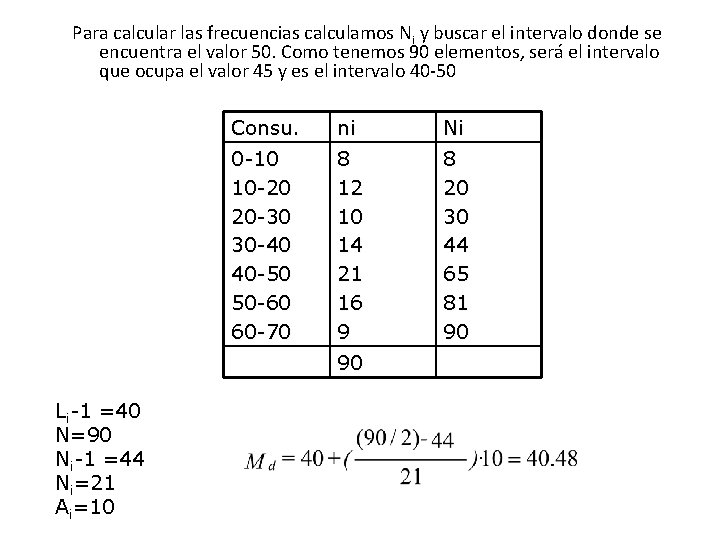 Para calcular las frecuencias calculamos Ni y buscar el intervalo donde se encuentra el